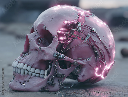 A cybernetic human skull with exposed metallic wiring, glowing pink neon circuits, and mechanical jaw implants blends organic bone with futuristic technology, creating a striking fusion of humanity