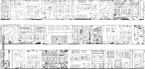 Black and white collage of newspaper clippings and building facades