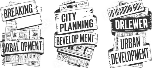 Three black and white banners with text about urban development and city planning stacked vertically with sketched buildings and maps