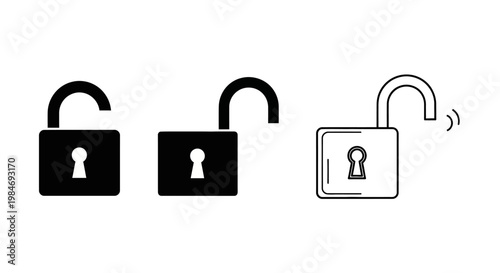 Dynamic collection of graphic icons illustrating unlocked padlocks, symbolizing secure access, data privacy, and the concept of opening up possibilities in digital environments