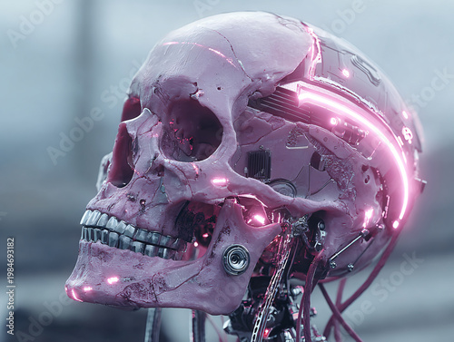 A cybernetic human skull with exposed metallic wiring, glowing pink neon circuits, and mechanical jaw implants blends organic bone with futuristic technology, creating a striking fusion of humanity
