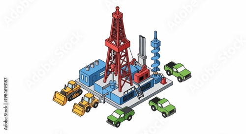 Oil rig with construction vehicles and trucks isometric illustration.