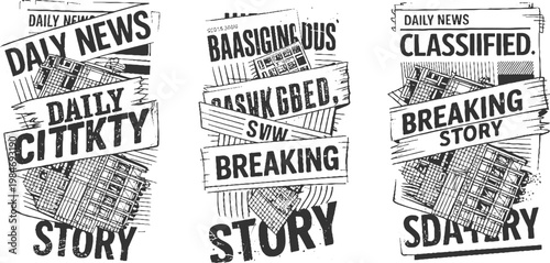 Three black and white newspaper headlines with textured backgrounds and bold lettering breaking story