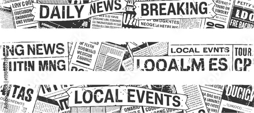 Collage of black and white newspaper headlines and text fragments including daily news and local events