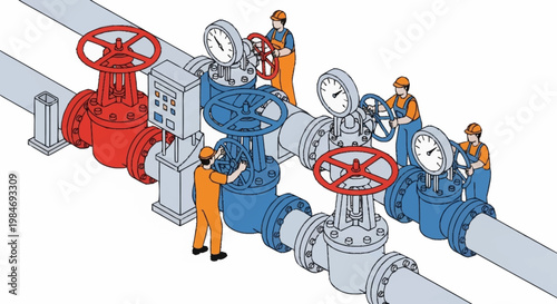 Industrial workers operating large valves and gauges on pipes.