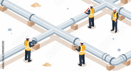 Construction workers installing large industrial pipes on a construction site.
