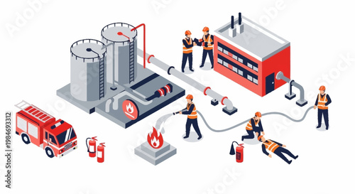 Firefighters combat industrial fire at oil refinery with fire truck and equipment.