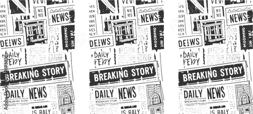 Black and white newspaper headlines and articles with of buildings and text breaking story