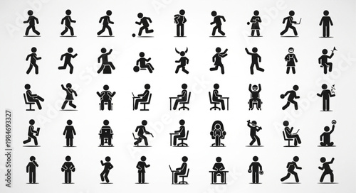 Collection of Diverse Human Silhouette Icons Representing Various Actions and Poses.