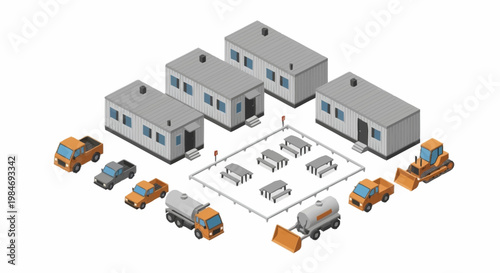 Construction Site Temporary Buildings and Vehicles Isometric View.