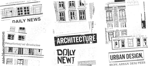 Black and white of urban architecture and newspaper headlines including daily news architecture and urban