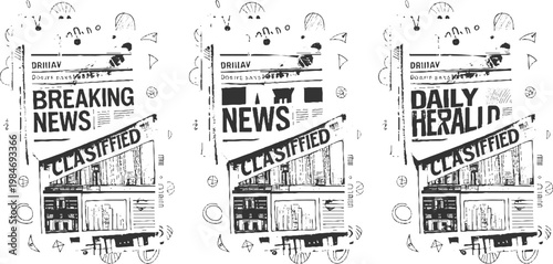 Hand drawn black and white newspaper headlines breaking news classified ads and abstract doodles