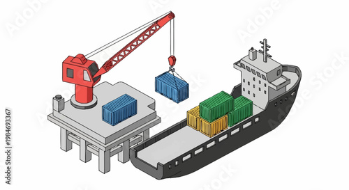 Cargo ship being loaded by a crane at a port facility.