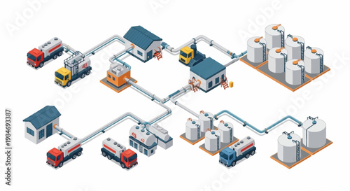 Industrial logistics network with trucks and storage tanks.