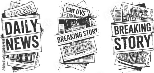 Three black and white newspaper stacks with headlines daily news and breaking story and architectural building