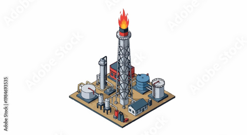 Industrial oil refinery complex with a tall flare stack burning gas.