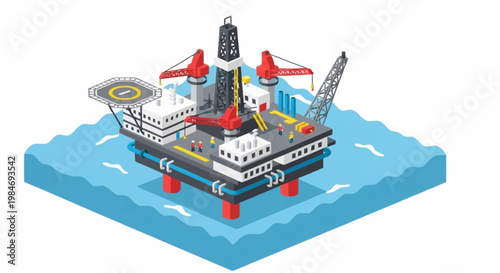 Offshore oil rig platform in the ocean isometric view.