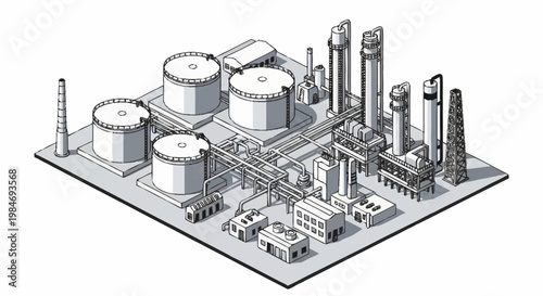 Industrial oil refinery complex with storage tanks and pipelines illustration.