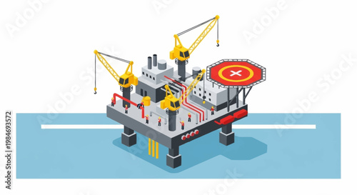 Offshore oil rig platform with helipad and cranes illustration.