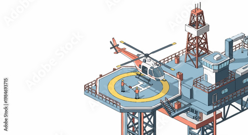 Helicopter on an offshore oil rig platform with white background.