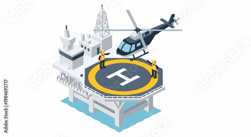 Helicopter landing on offshore oil rig helipad.