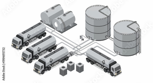 Industrial oil storage tanks and tanker trucks illustration.