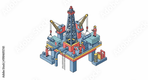 Offshore oil rig platform industrial construction isometric view.