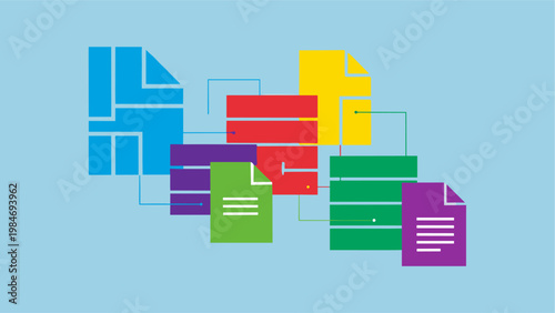 Colorful documents and file icons.