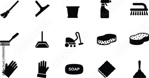 Set of fifteen black cleaning equipment icons like a mop, bucket, spray bottle, and vacuum cleaner.