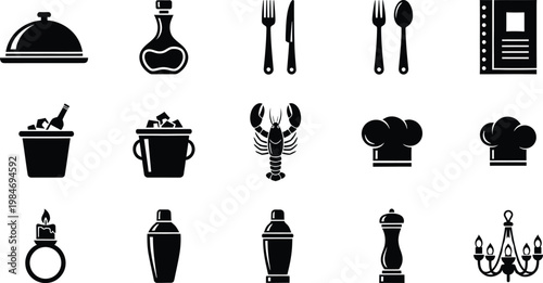 Collection of fifteen black and white fine dining icons for restaurant and catering themes