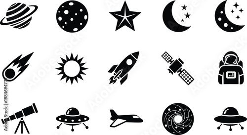 Collection of fifteen minimalist black and white space exploration icons on a white background