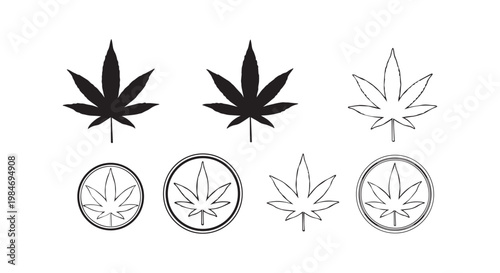 A collection of six cannabis leaf icons in black and outline variations, some enclosed in circular frames.