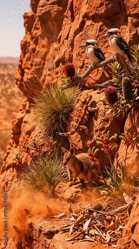 Two kookaburras perched on red sandstone cliff with native Australian flora — outback wilderness, wildlife, and arid landscape for nature wallpaper