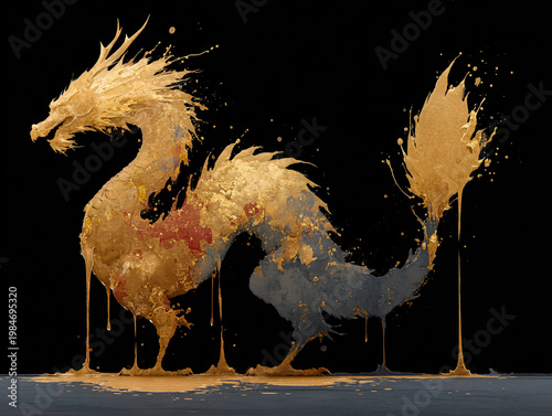 A golden Chinese dragon is depicted as a dynamic ink wash splash against a black background, with intricate brushstroke details, splatters, and drips creating a vivid, traditional East Asian artistic 