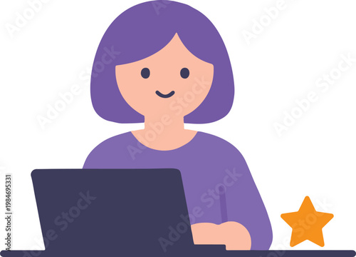Woman working on laptop remote work online freelancer digital illustration
