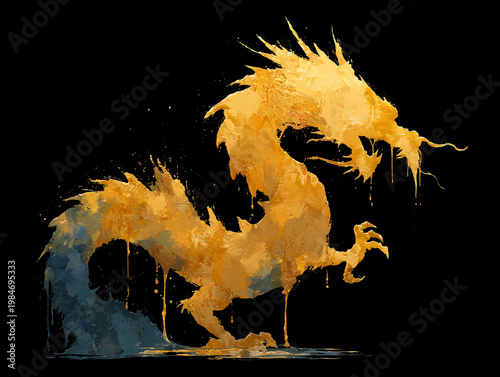 A golden Chinese dragon is depicted as a dynamic ink wash splash against a black background, with intricate brushstroke details, splatters, and drips creating a vivid, traditional East Asian artistic 