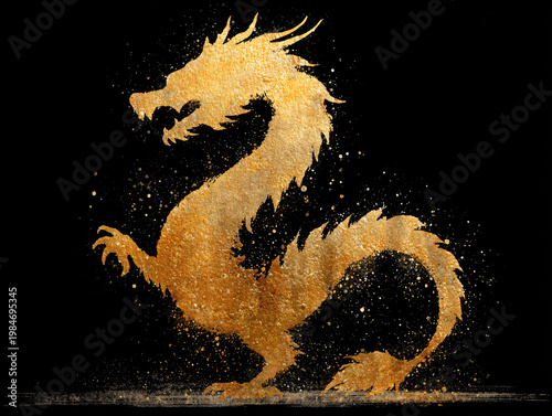 A golden Chinese dragon is depicted as a dynamic ink wash splash against a black background, with intricate brushstroke details, splatters, and drips creating a vivid, traditional East Asian artistic 