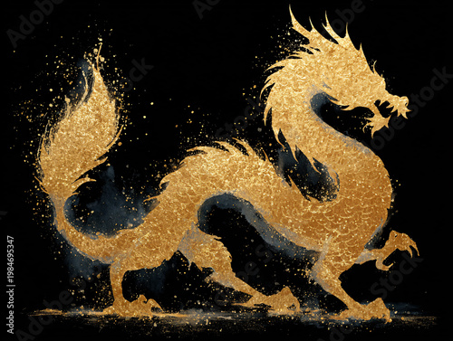 A golden Chinese dragon is depicted as a dynamic ink wash splash against a black background, with intricate brushstroke details, splatters, and drips creating a vivid, traditional East Asian artistic 