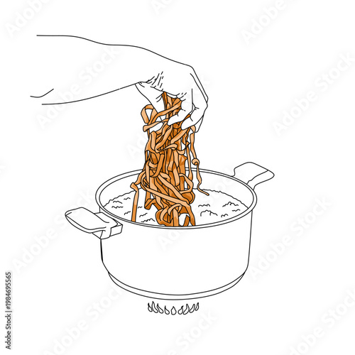 a chef hand is put in to boil orange pumpkins noodle in a pot. Healthy vegies food homemade