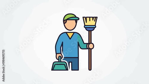 Janitor character with broom and dustpan