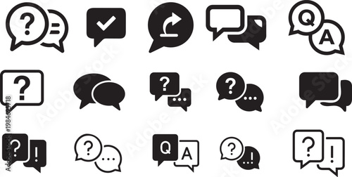 Question and answer icon set. Chat, speak bubble, Q and A, ask, support, dialog, help center symbol on white background - stock vector.