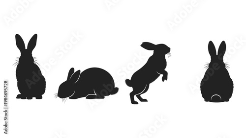 Silhouette illustration depicting four rabbits in various poses against a white background