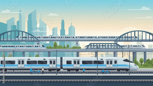 Modern city transit with trains and skyline