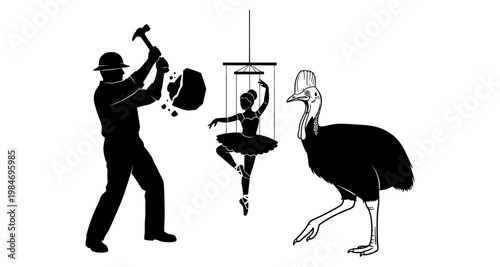 Man breaking cage with ballerina and cassowary bird in silhouette against white background