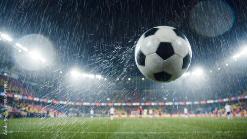 Football ball in rain stadium lights soccer sport match cinematic dramatic wet field scene