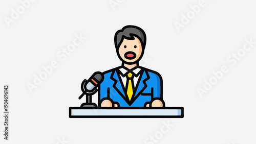 News anchor speaking into microphone at podium