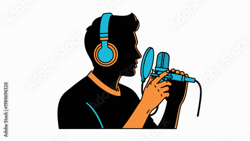 Podcaster recording audio with microphone and headphones