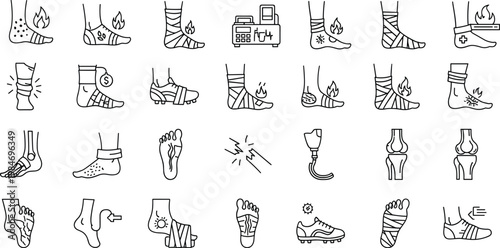Large collection of medical line icons showing foot injuries, ankle sprains, bandage wrapping, prosthetic legs, bone fractures, burning pain sensations and orthopedic health care treatments.