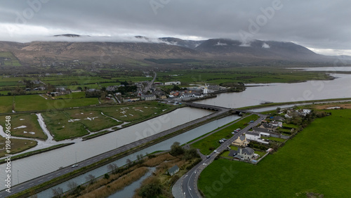 Aerial View of Rural Village and Reservoir Ireland Scenic Landscape