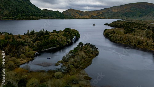 Lake with Small Island Ireland Scenic Natural Landscape Aerial
